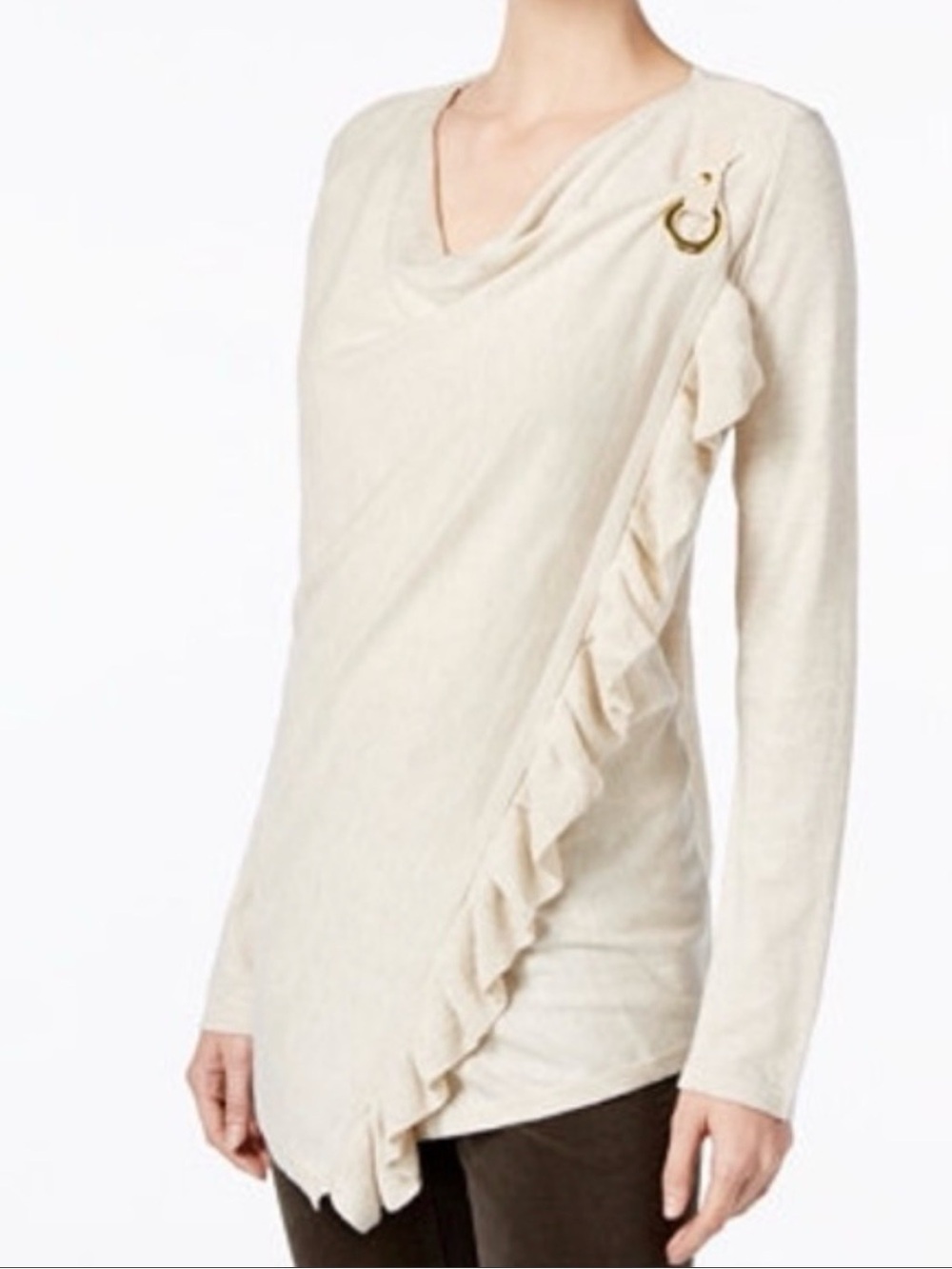 INC Asymmetric Cowl Neck Draped Front Cascade Ruffles Knit Pullover Sweater Sz L